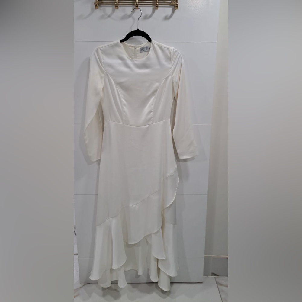 Sophisticated Pearl White Asymmetric Ruffle Maxi Dress
